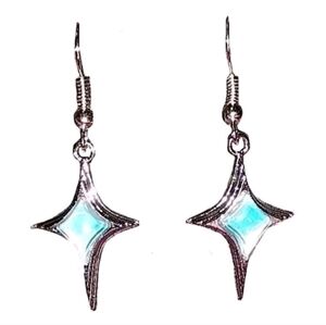 Synthetic Opal Gemstone Pyramid 4-Pointed Cross Star Dangle Drop Silver Earrings